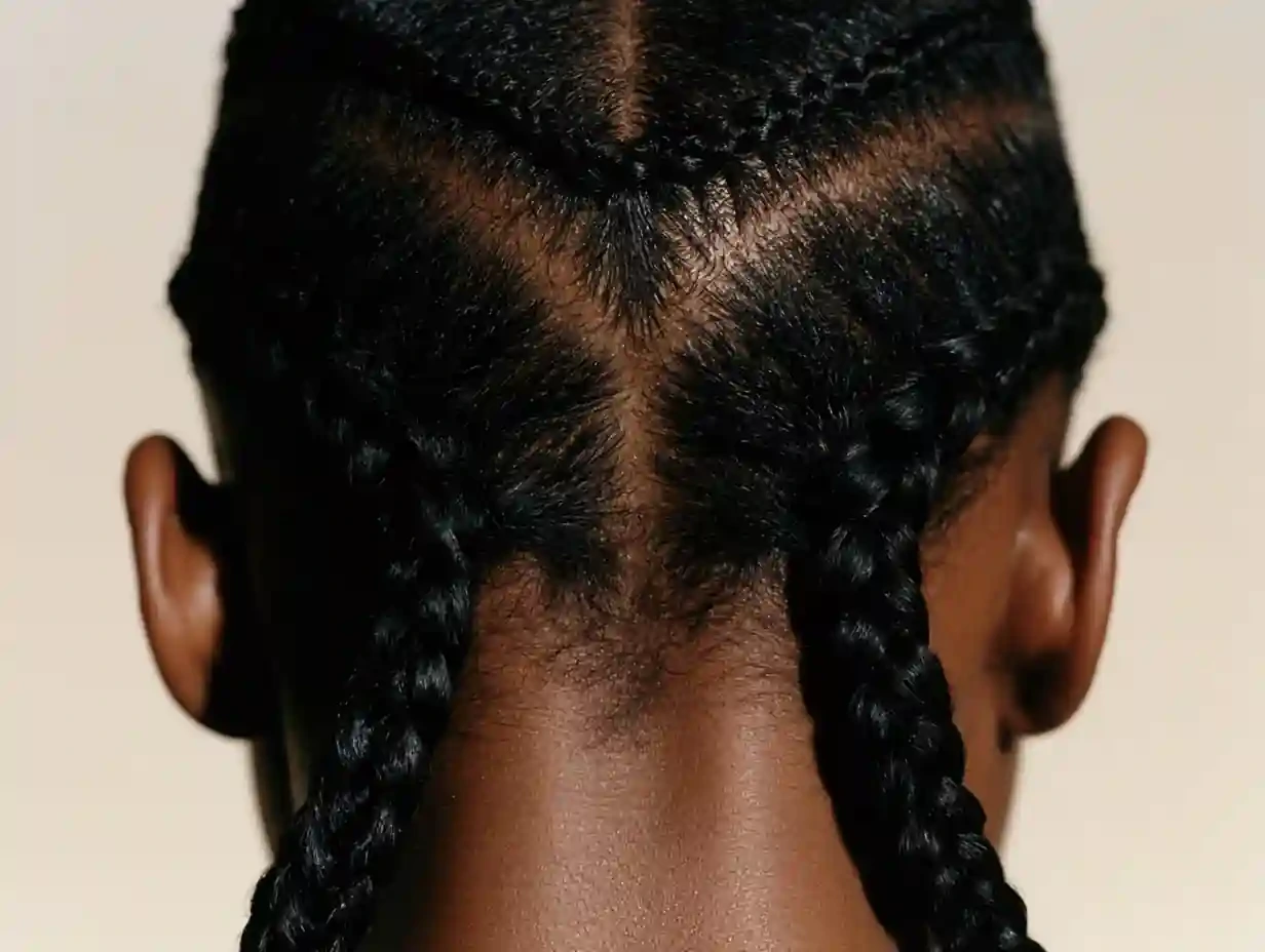 Own hair sectioned and clipped forward, the rest flattened into flat braids