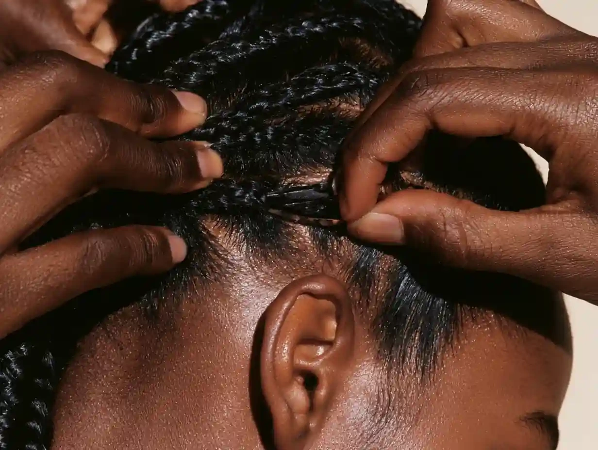 Hands pressing a clip into the flattened braided hair